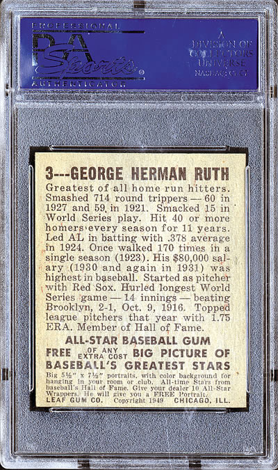 Graded Babe Ruth 1949 Leaf #3 Reprint Baseball card