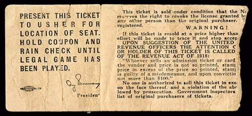 1919 World Series Game (6) Ticket Stub