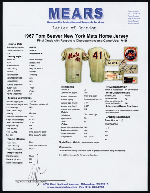 Lot Detail - 1969 Tom Seaver New York Mets Game-Used Road Flannel