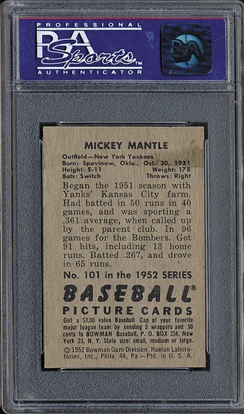 MICKEY MANTLE 1952 Bowman New York Yankees #101 Baseball Card