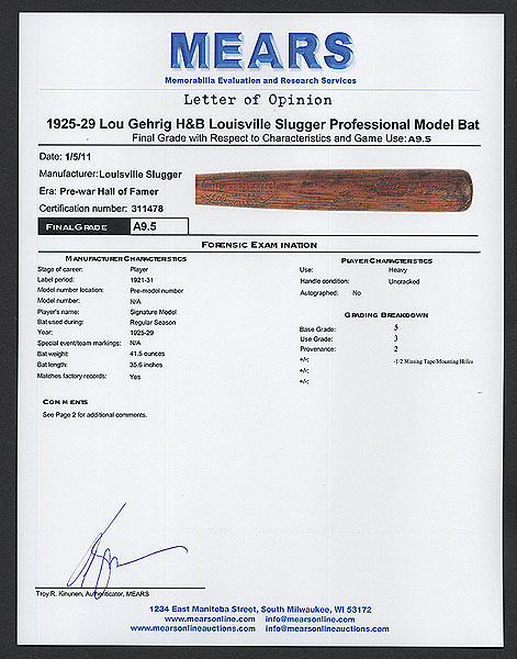 Lou Gehrig Signed Louisville Slugger Mini-bat Auction