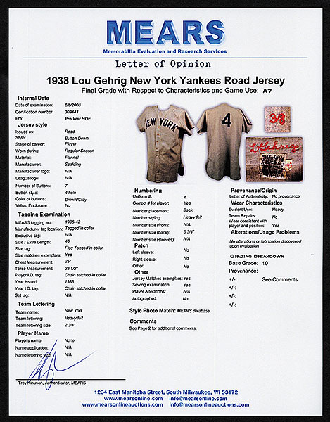 Lou Gehrig photo matched game worn jersey sold by SCP Auctions