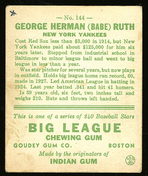 At Auction: 1933 Goudey #144 Babe Ruth.
