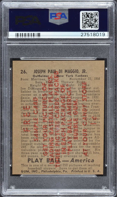 Issued by Gum, Inc., Joe DiMaggio, from the Play Ball America series  (R334), issued by Gum, Inc.