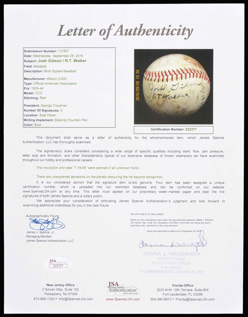 Sold at Auction: JOSH GIBSON AUTOGRAPHED BASEBALL WITH COA