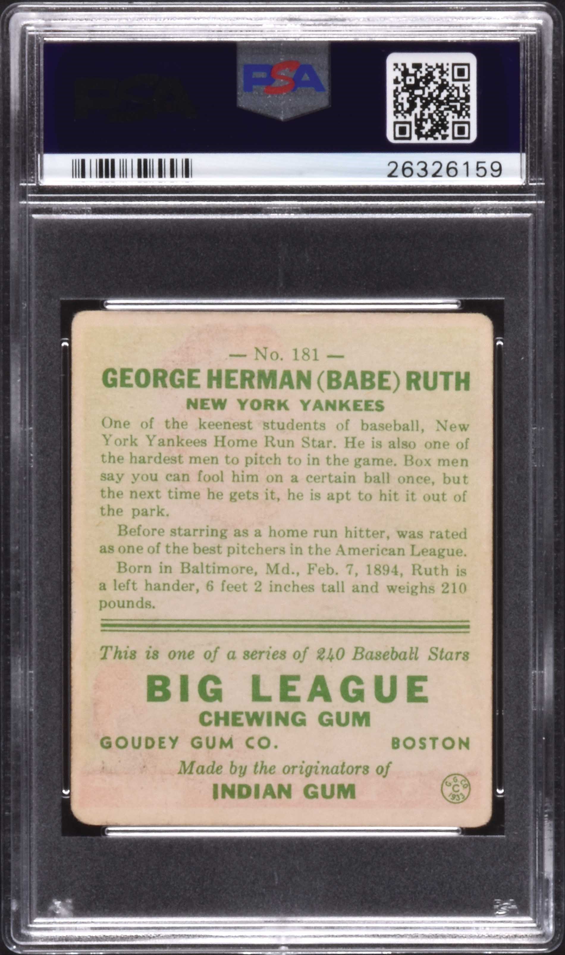 1933 Goudey BABE RUTH #181 with Facsimile Autographed front New York  Yankees - REPRINT