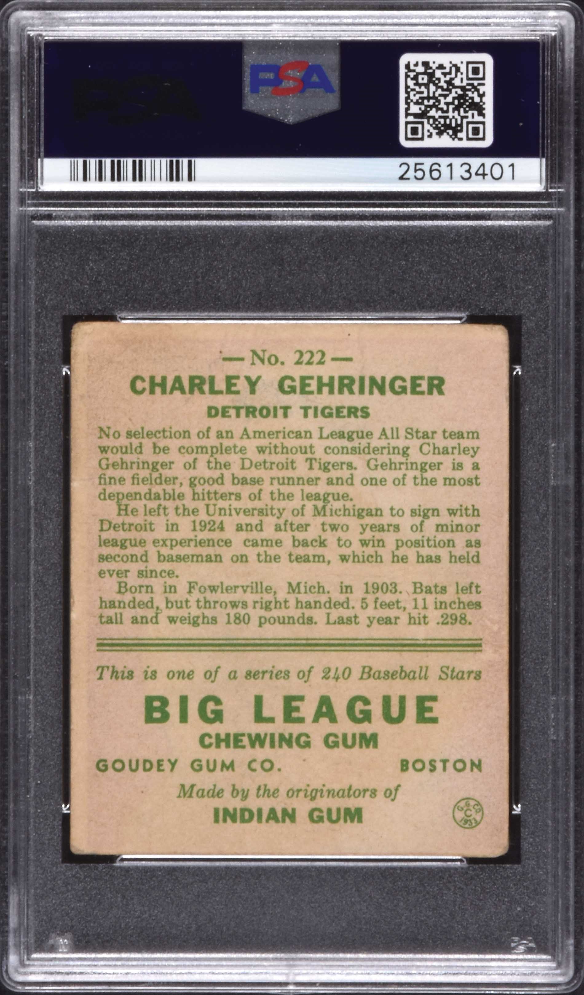 At Auction: 1933 Goudey #222 Charlie Gehringer.