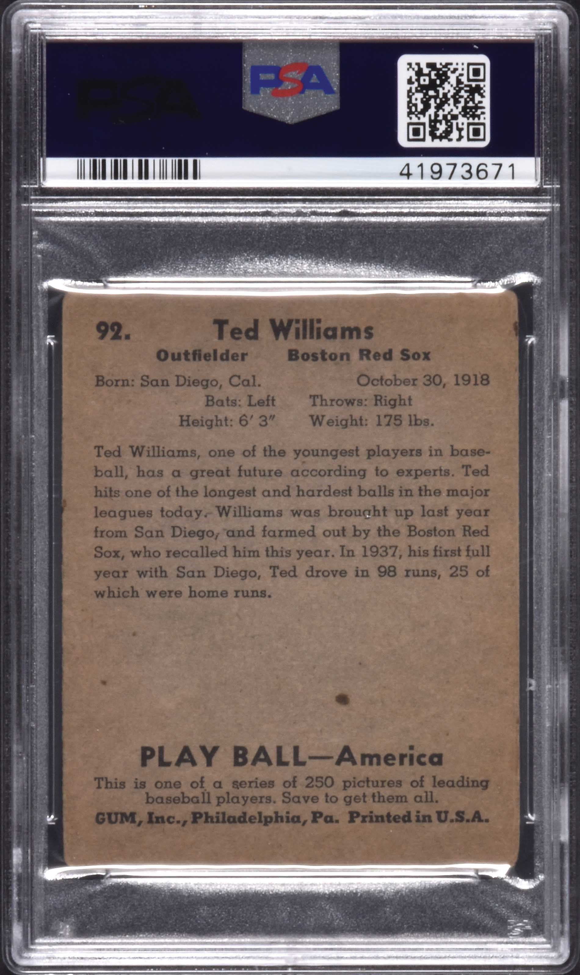 1939 PLAY BALL #92 TED WILLIAMS ROOKIE REPRINT CARD - BOSTON RED SOX –