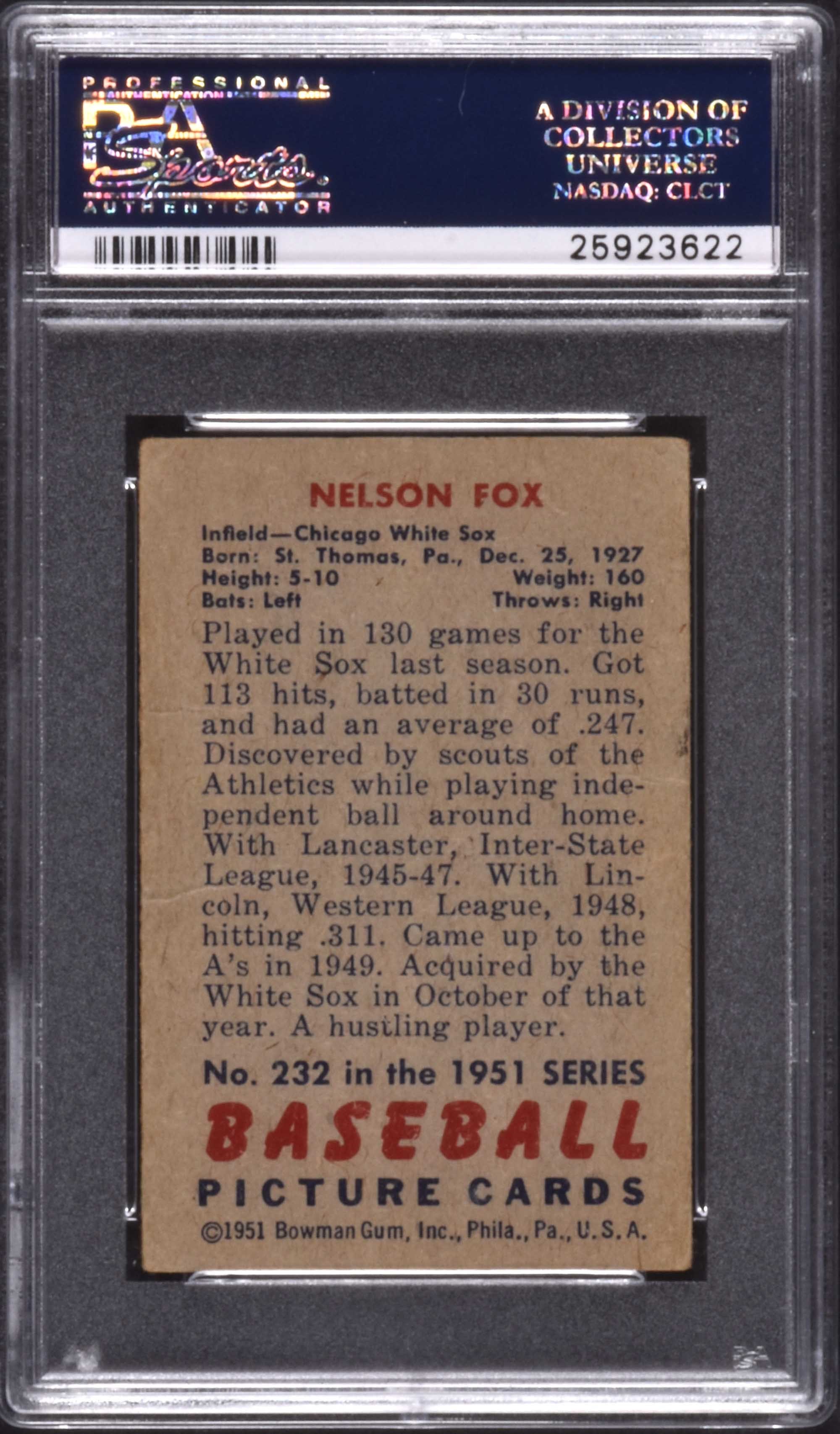 Sold at Auction: 1951 Bowman Nellie Fox Rookie