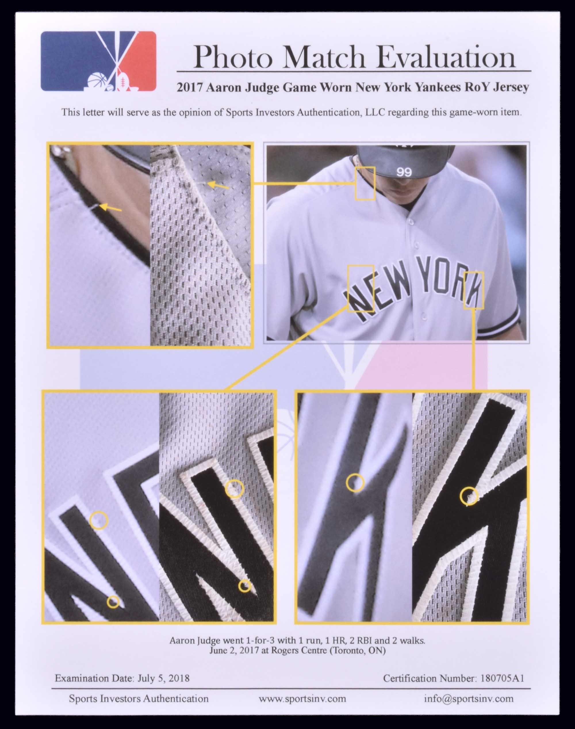 Lot Detail - 2017 Aaron Judge Game Used Rookie New York Yankees