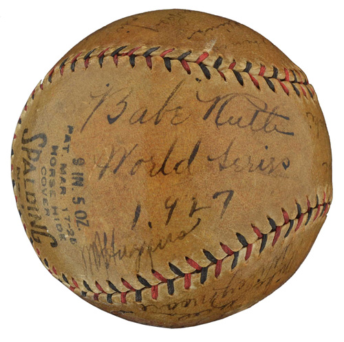 1927-new-york-yankees-team-signed-baseball-with-babe-ruth-lou-gehrig-and-miller-huggins-psadna-ex-mt-6-world-series-notation