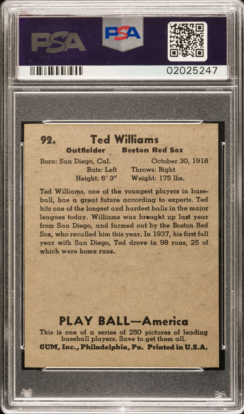 1939 Play Ball Ted Williams #92 PSA Mint 9. Baseball Cards, Lot #50605