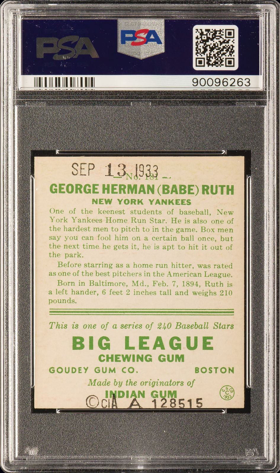 Lot Detail - 1933 Goudey #149 Babe Ruth Signed Card – PSA/DNA 8