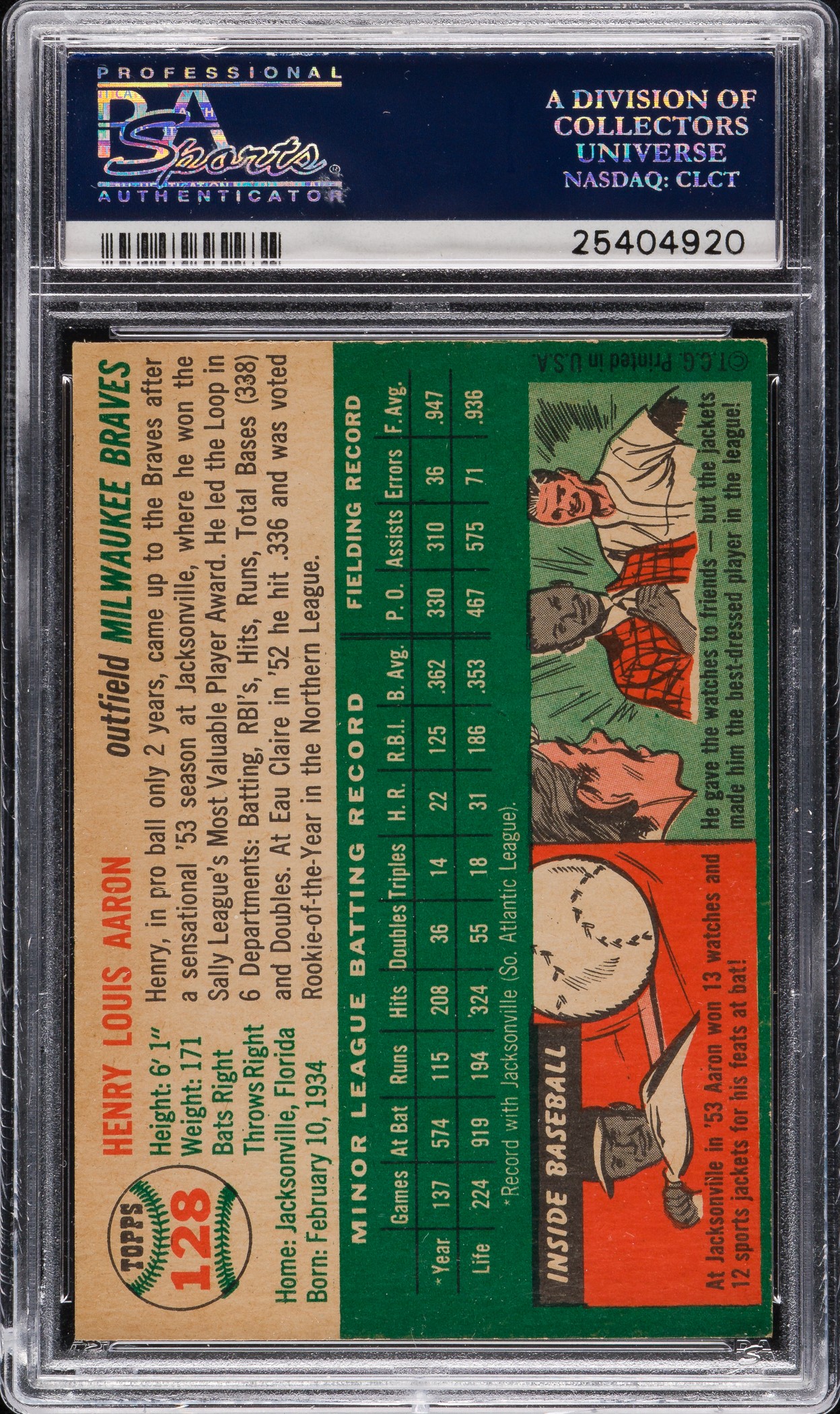 1954 Topps Hank Aaron Rookie baseball card #128 PSA 1