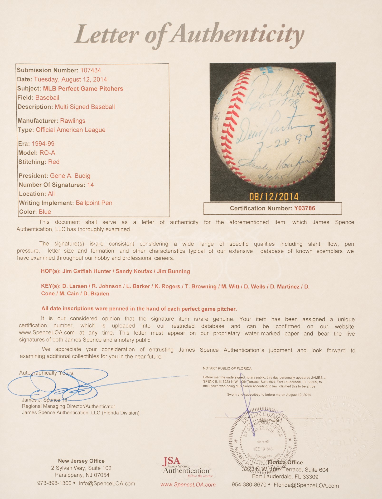 Sandy Koufax Randy Johnson Perfect Game Pitchers Signed Baseball