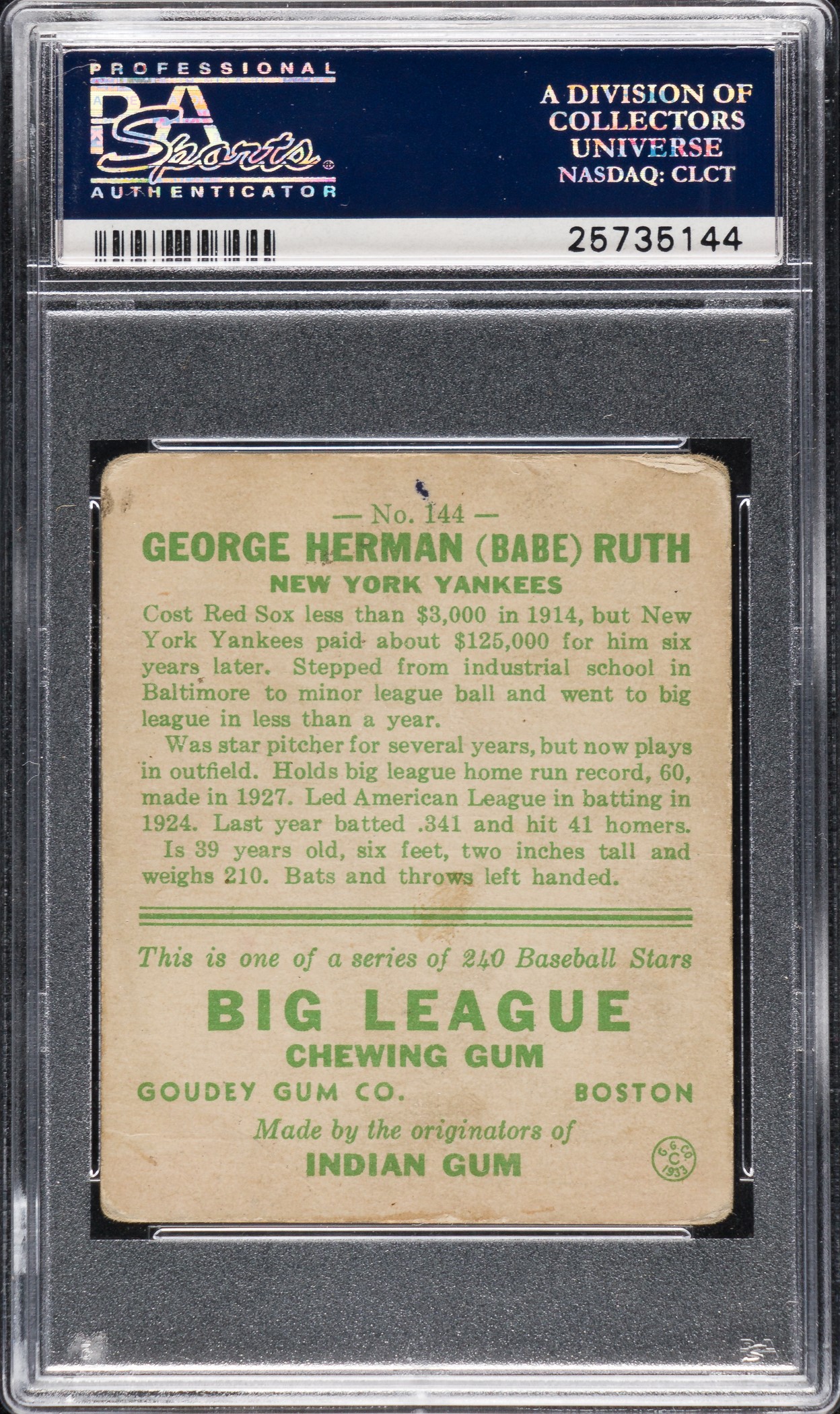 At Auction: 1933 Goudey #144 Babe Ruth.