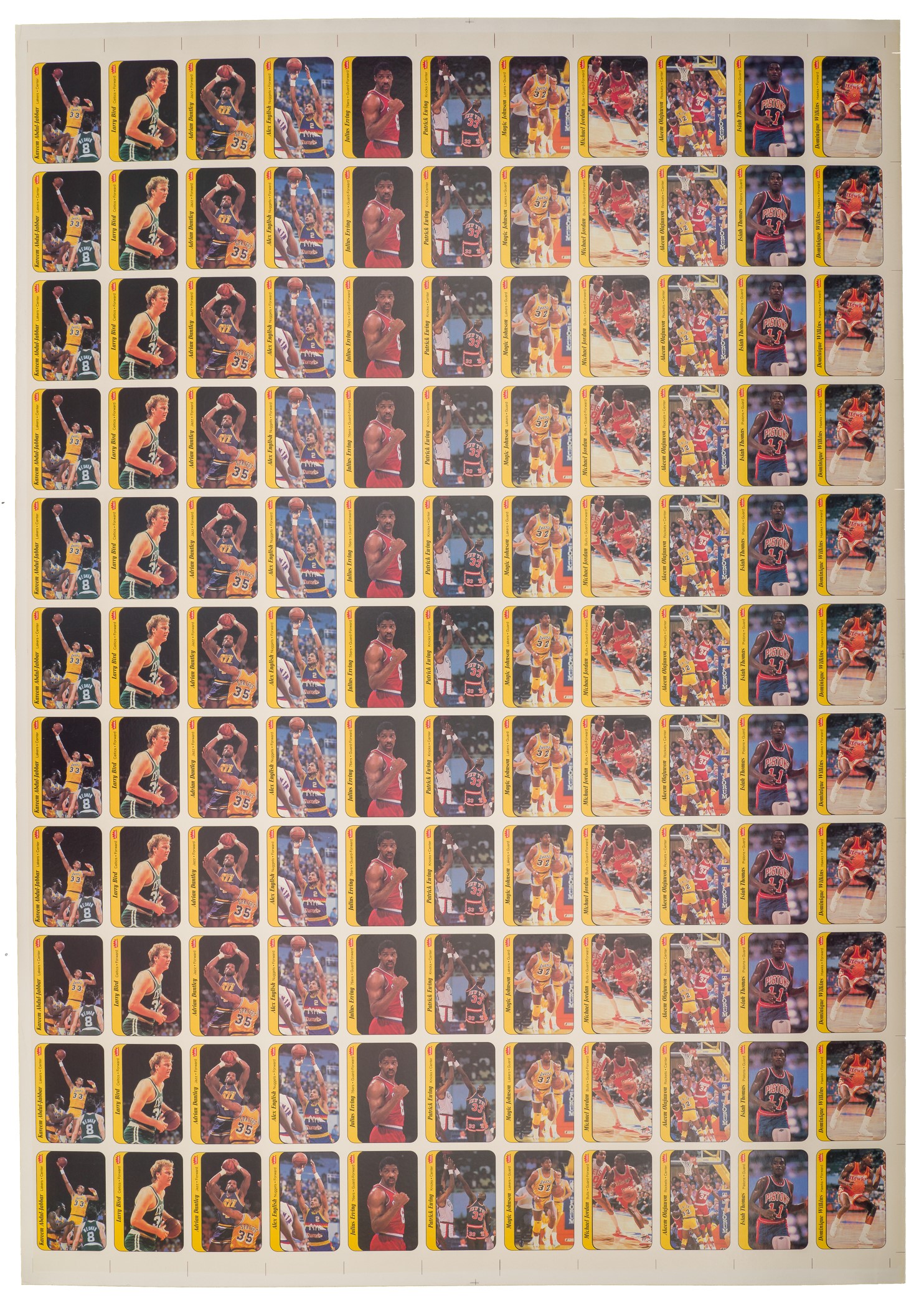 1986-1987-fleer-basketball-stickers-uncut-proof-sheet-121-stickers-featuring-11-complete-sets-with-michael-jordan-rookie