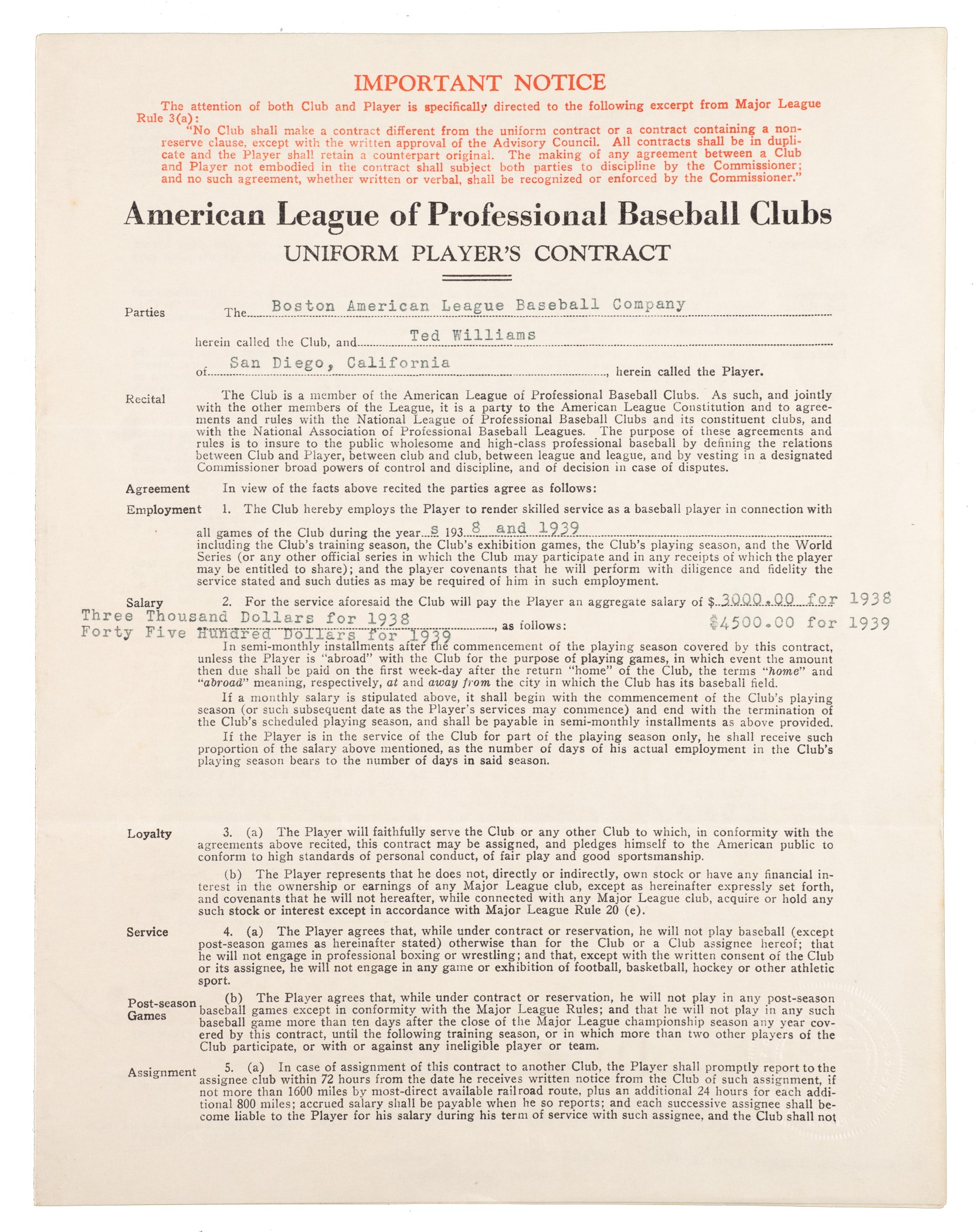 extraordinary-1939-ted-williams-boston-red-sox-rookie-contract