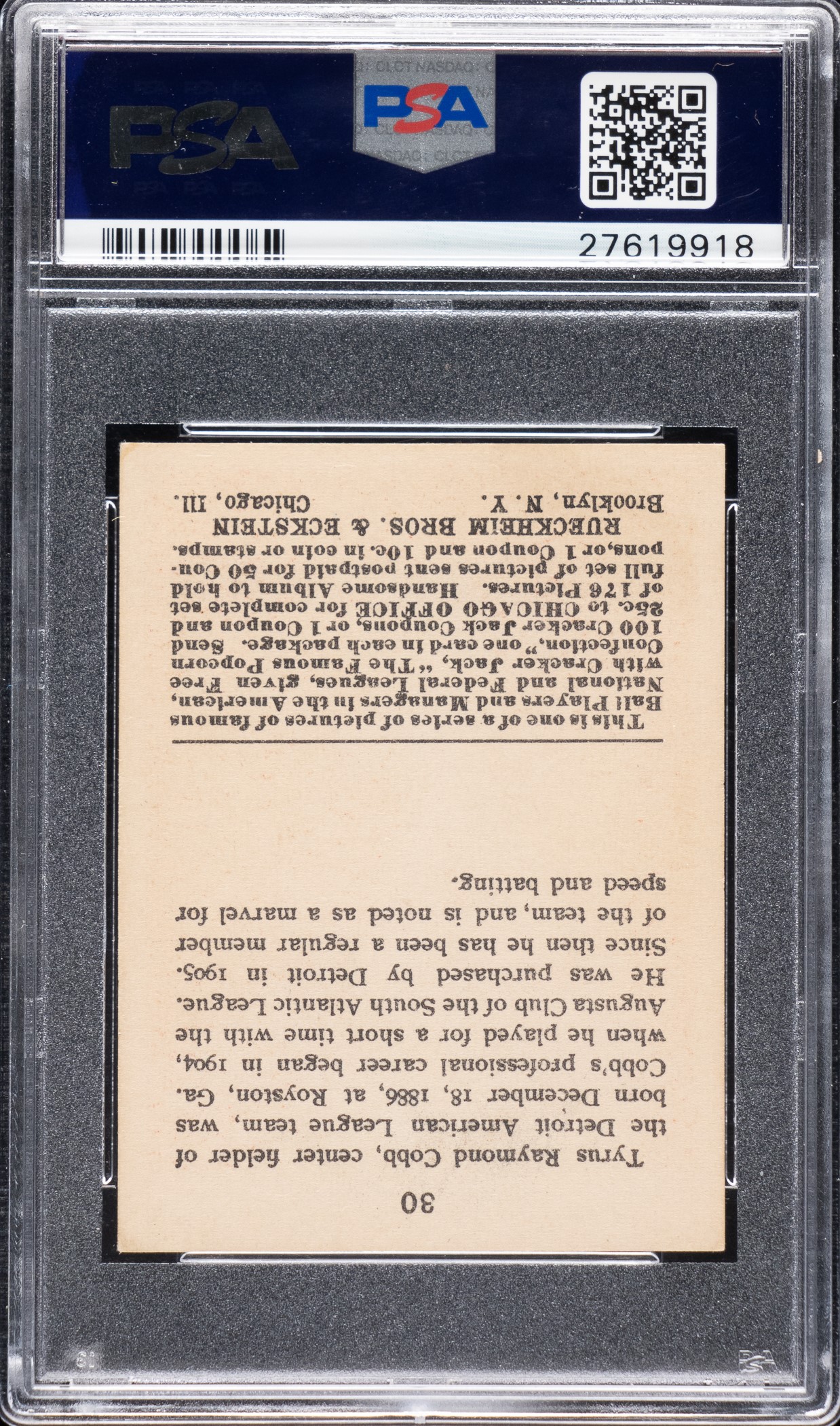 1915 E145 Cracker Jack #30 Ty Cobb PSA VG-EX 4 | REA Archive