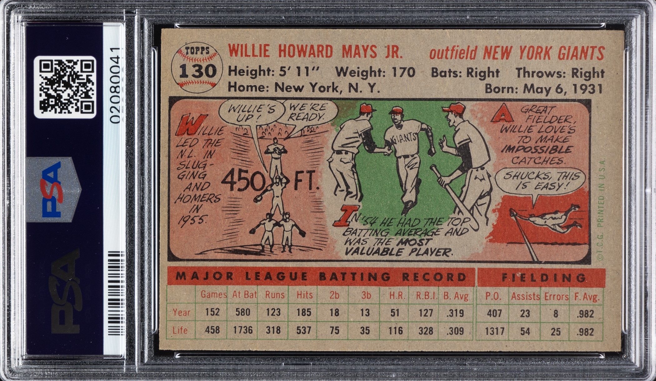 1956 Topps #130 Willie Mays Gray Back PSA MINT 9 - Highest Graded ...