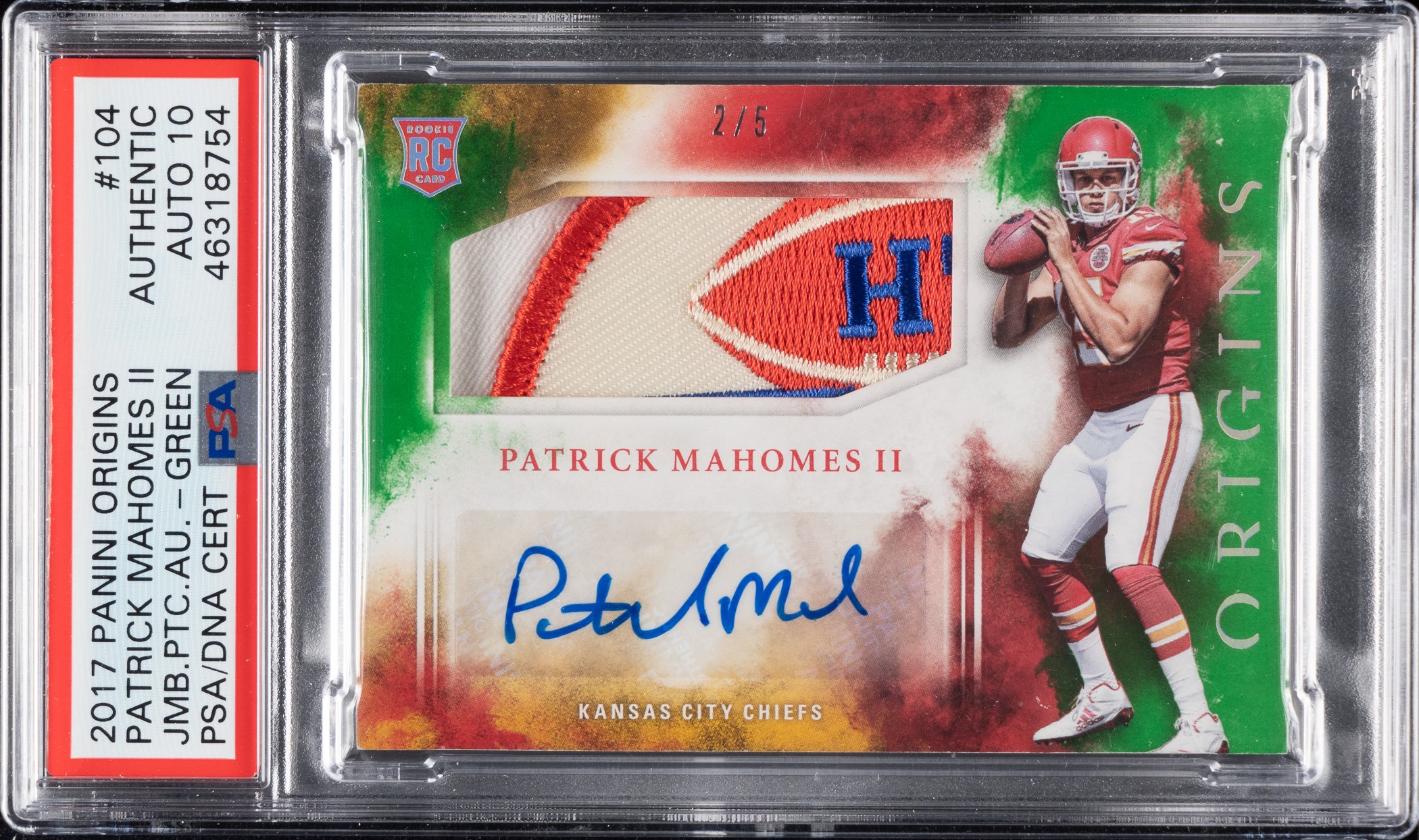 2017-panini-origins-football-jumbo-patch-autograph-104-patrick-mahomes-ii-rookie-green-25-psadna-gem-mint-10