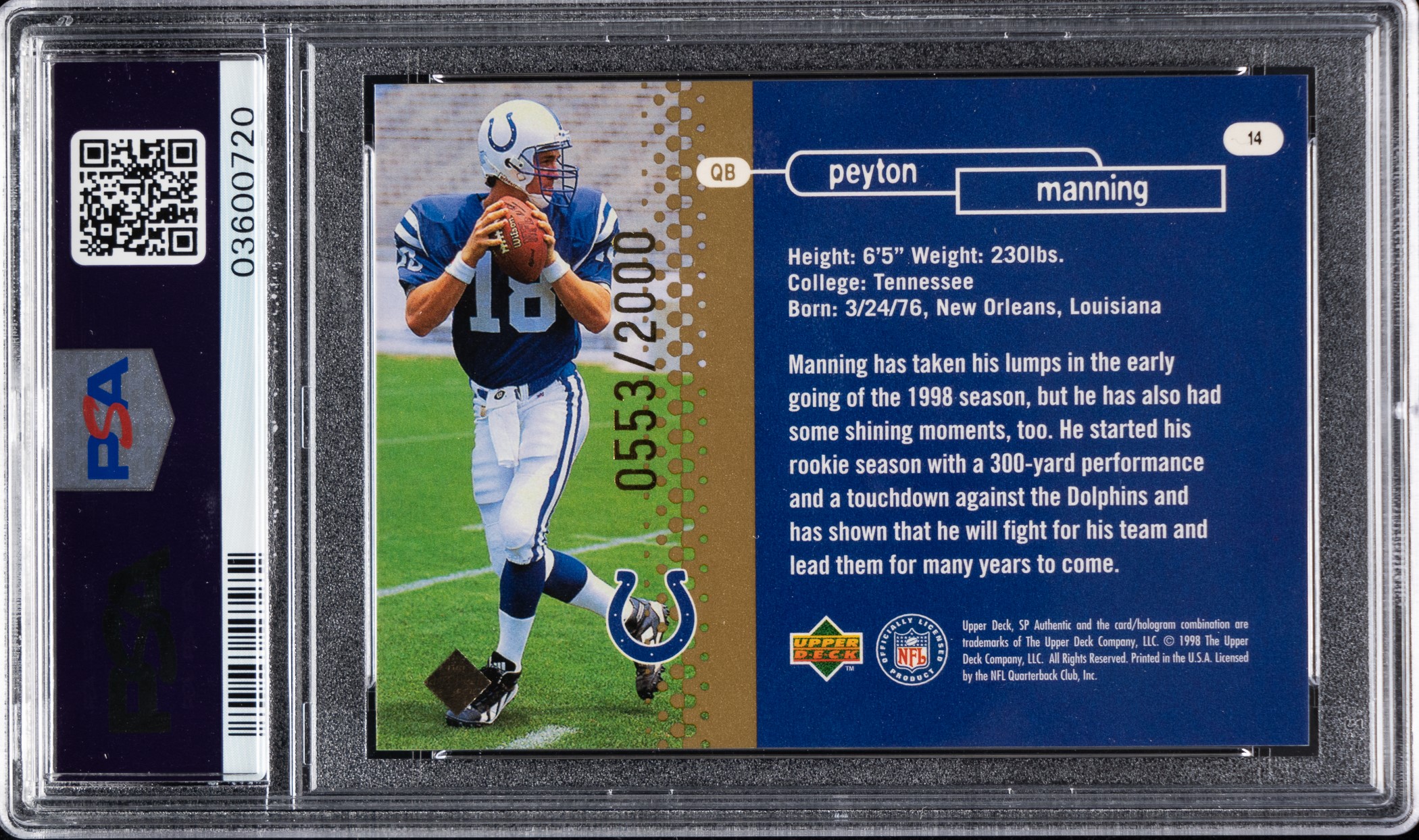 1998 Upper Deck SP Authentic Football #14 Peyton Manning Rookie 