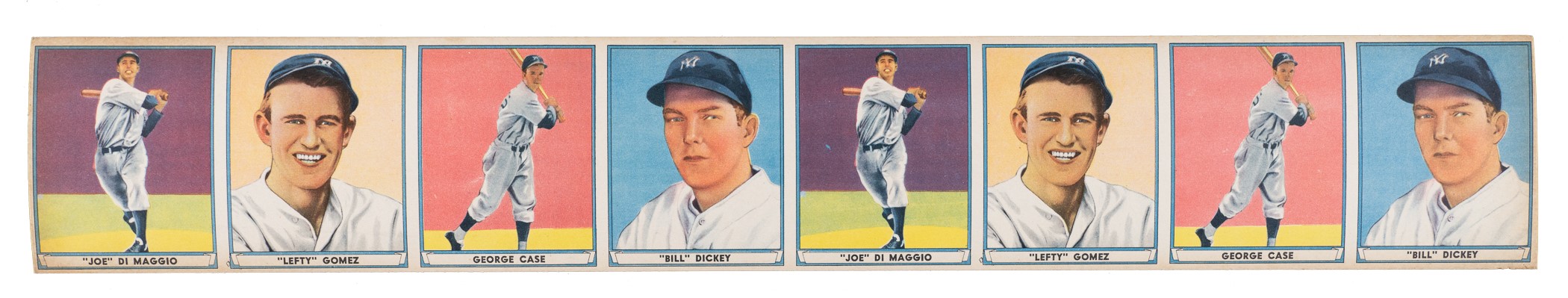 1941-r336-play-ball-uncut-strip-8-cards-including-two-joe-dimaggio-two-bill-dickey-and-two-lefty-gomez