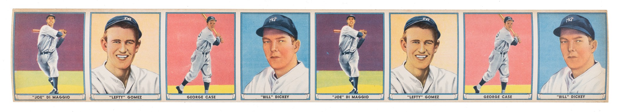 1941-r336-play-ball-uncut-strip-8-cards-including-two-joe-dimaggio-two-bill-dickey-and-two-lefty-gomez