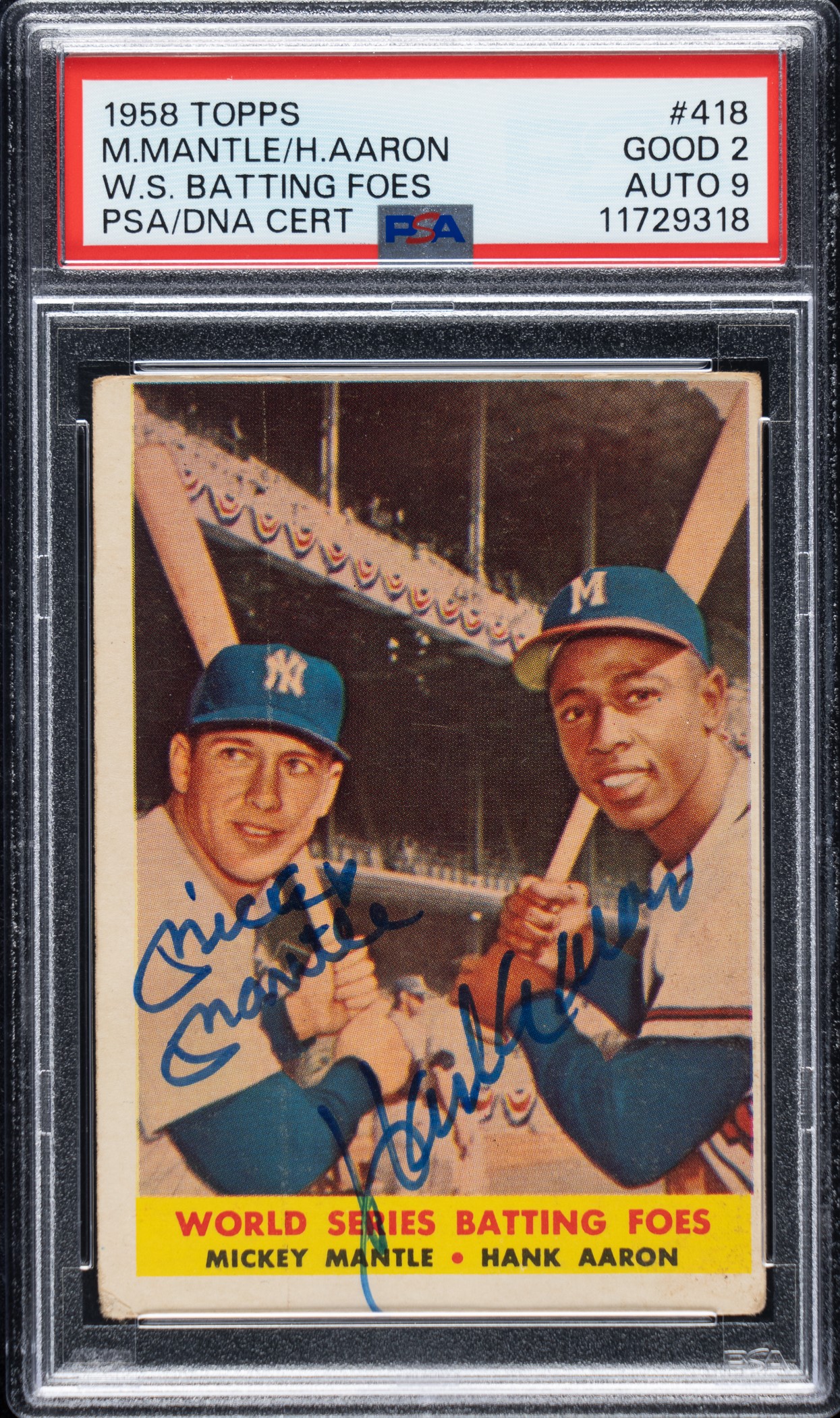 signed-1958-topps-418-world-series-batting-foes-mickey-mantle-and-hank-aaron-psa-good-2-with-mint-9-signature