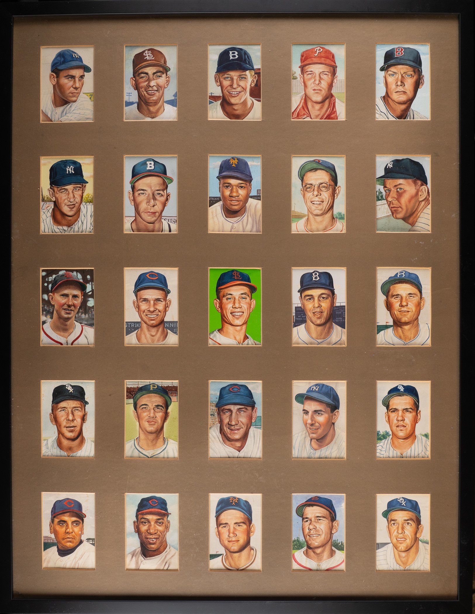 1953-topps-original-card-artwork-collection-25-in-framed-display-including-yogi-berra-red-schoendienst-and-phil-rizzuto